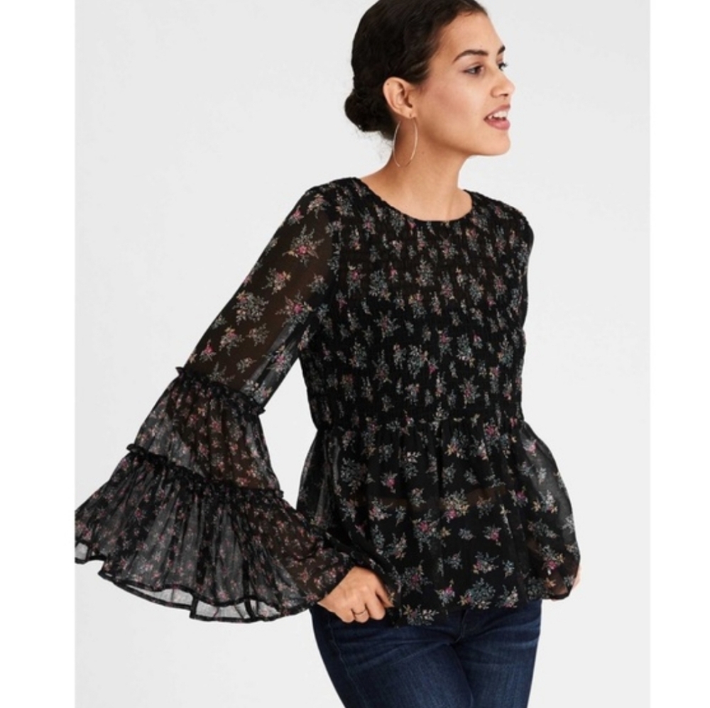 American Eagle Outfitters Sheer Black Floral Ruffled Bell-Sleeve Blouse